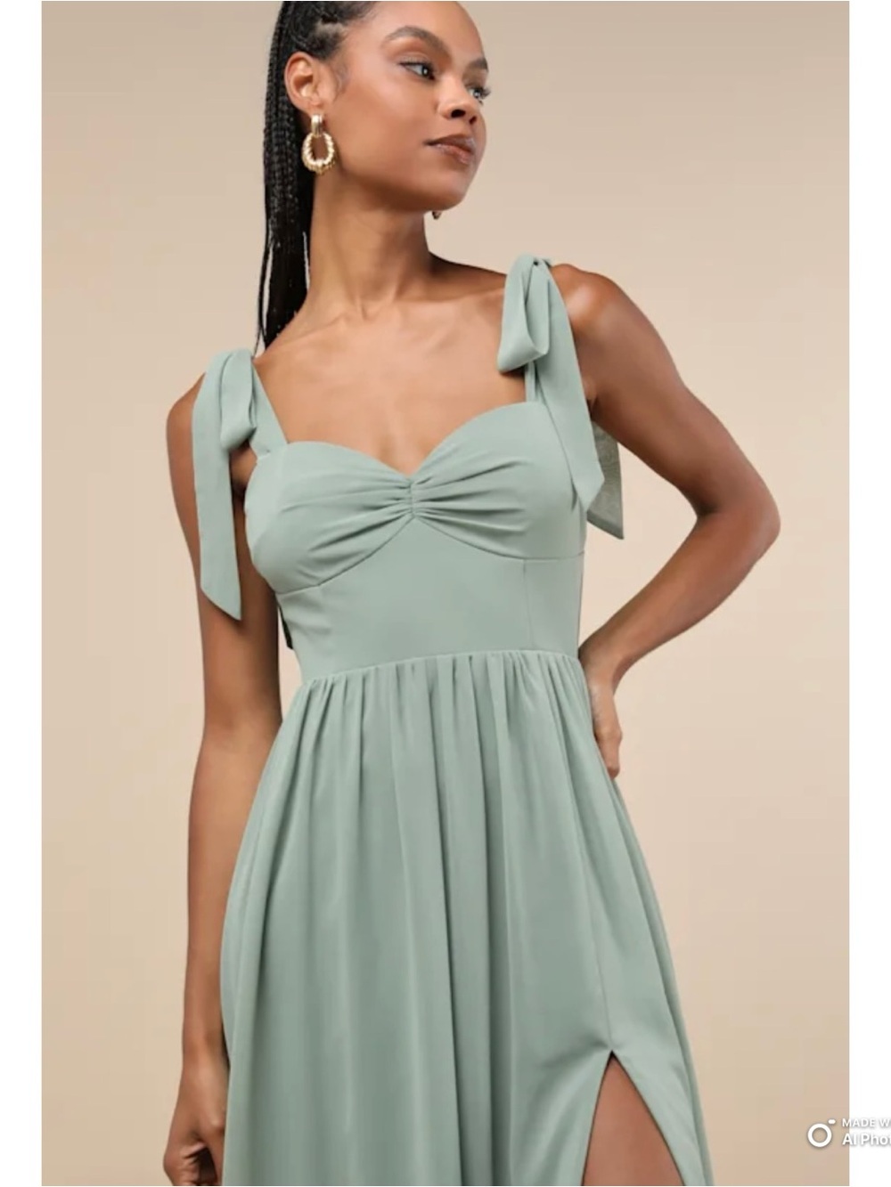 Lulus Medium Radiant Charisma Sage Brush Chiffon Ruched Tie-Strap Maxi Dress NWT - Picture 4 of 17